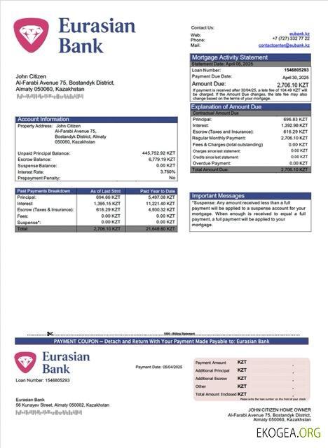 Modèle Word et PDF de relevé hypothécaire de la Banque eurasienne du Kazakhstan